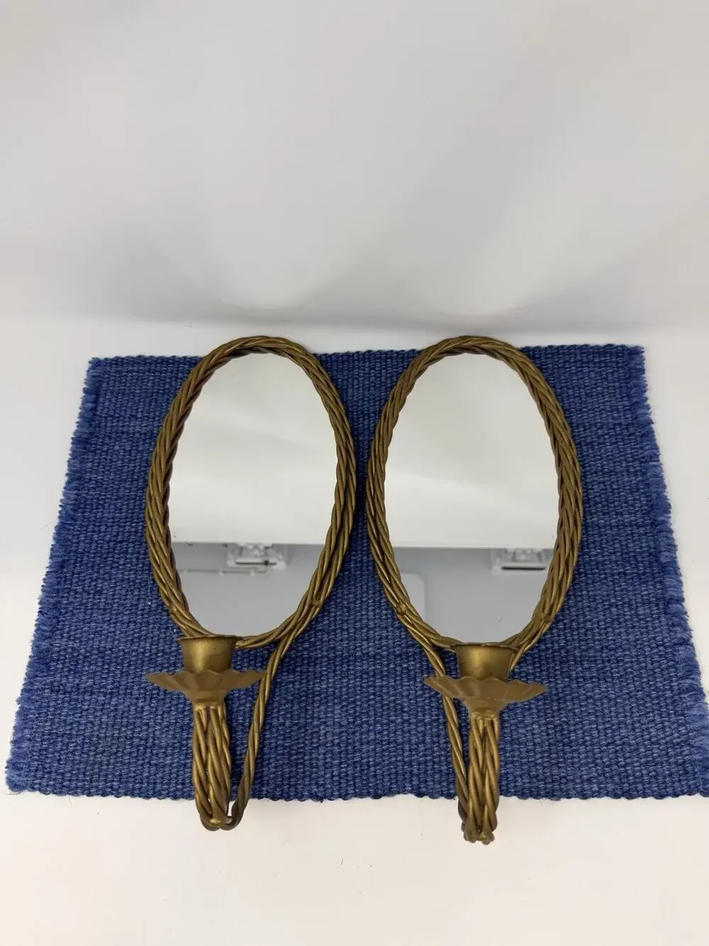 Pair Vintage Gold Tone Oval Mirror Candle Wall Sconces Hollywood Regency Rope